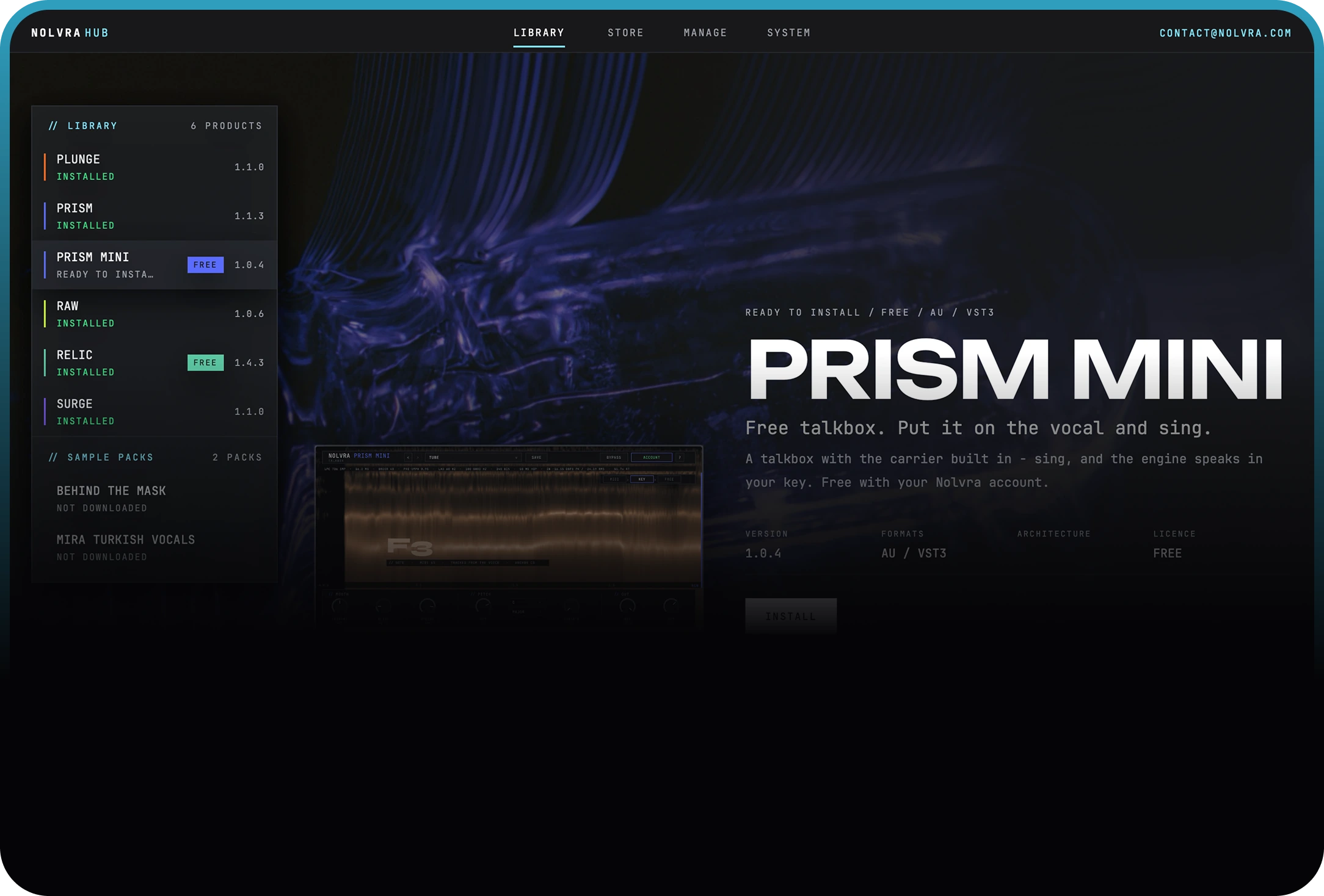 Nolvra Hub library, PRISM MINI selected and free with a Nolvra account