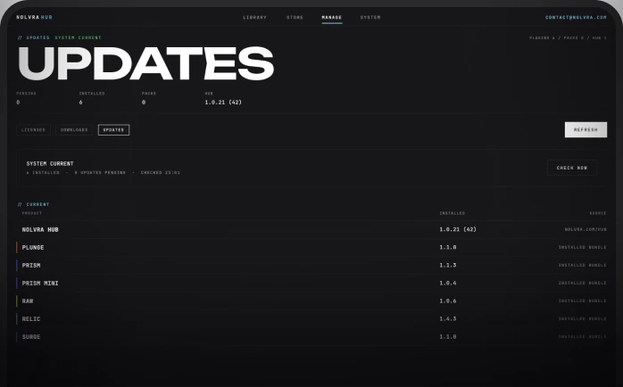 Nolvra Hub updates, every installed product listed with its version