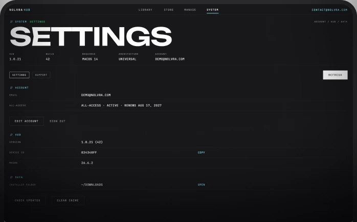 Nolvra Hub settings, with account, version and device ID