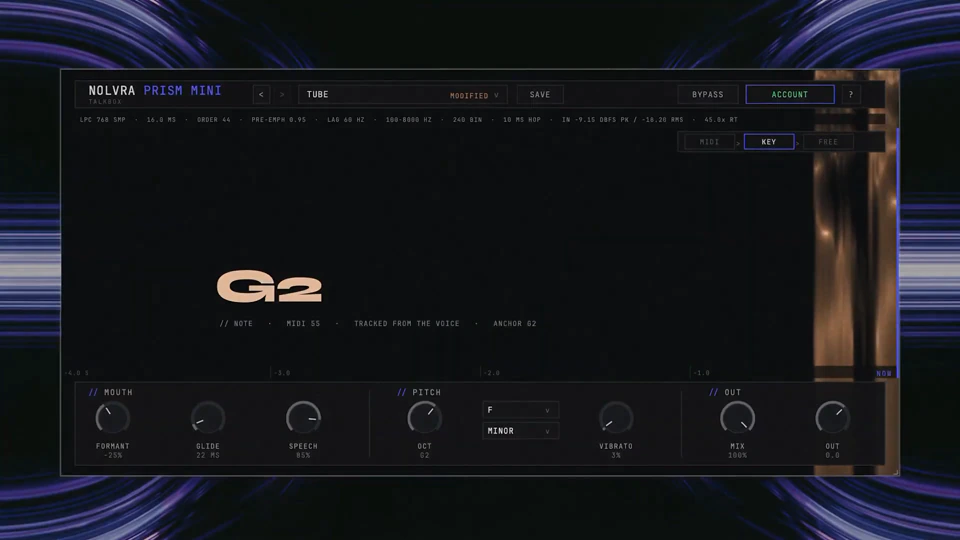 The PRISM MINI plugin open over a session with KEY lit on its pitch strip