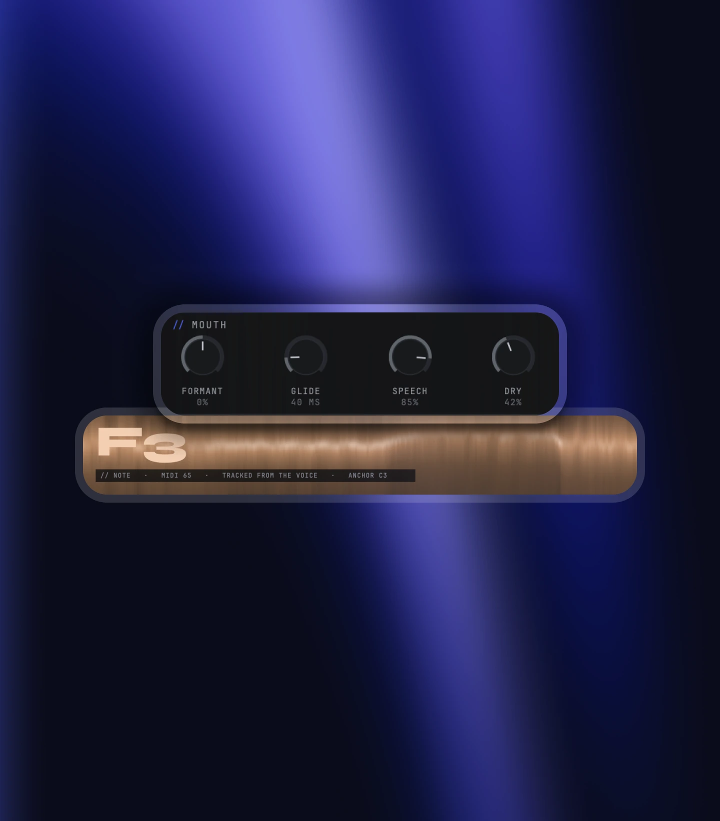 The PRISM MINI mouth row, FORMANT, GLIDE, SPEECH and DRY, above the note reading tracked from the voice