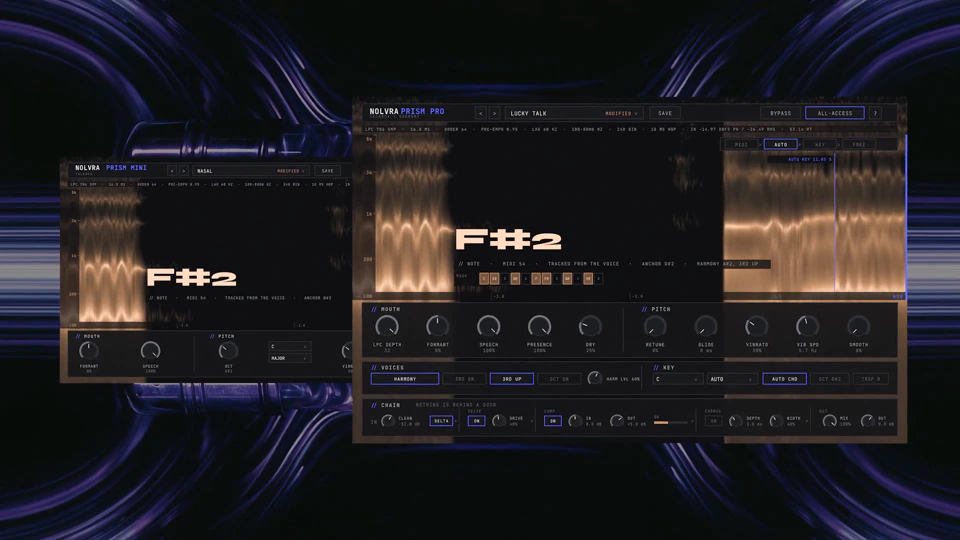 PRISM PRO and PRISM MINI open over one session, both displays reading the same note