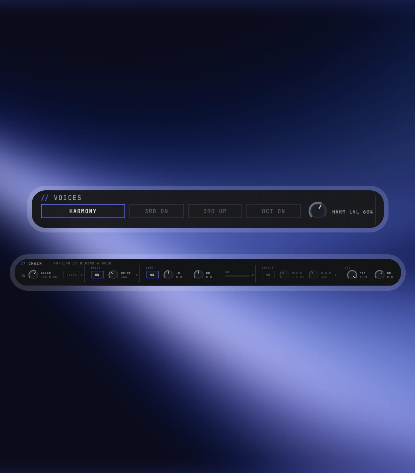 Nolvra PRISM Talkbox drive and compressor strip with the voices panel and harmony switches