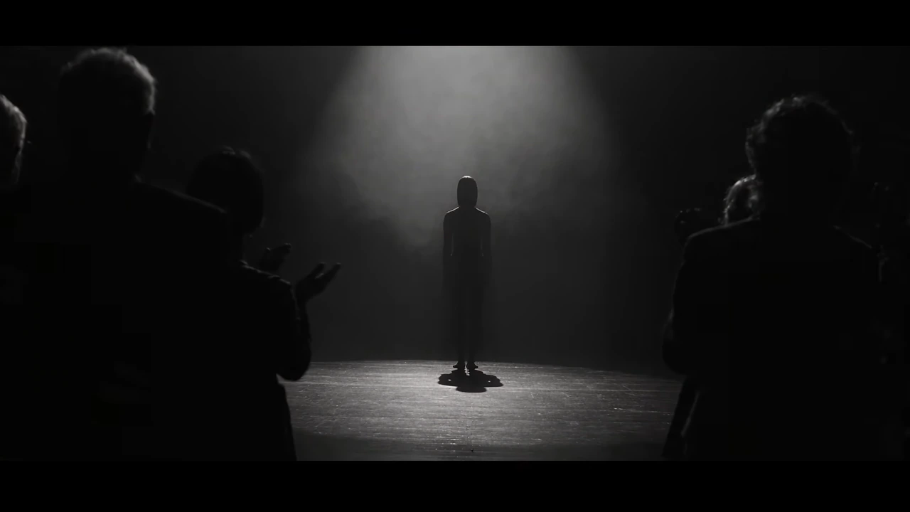 A singer alone under a spotlight on a stage, seen from the back of the room