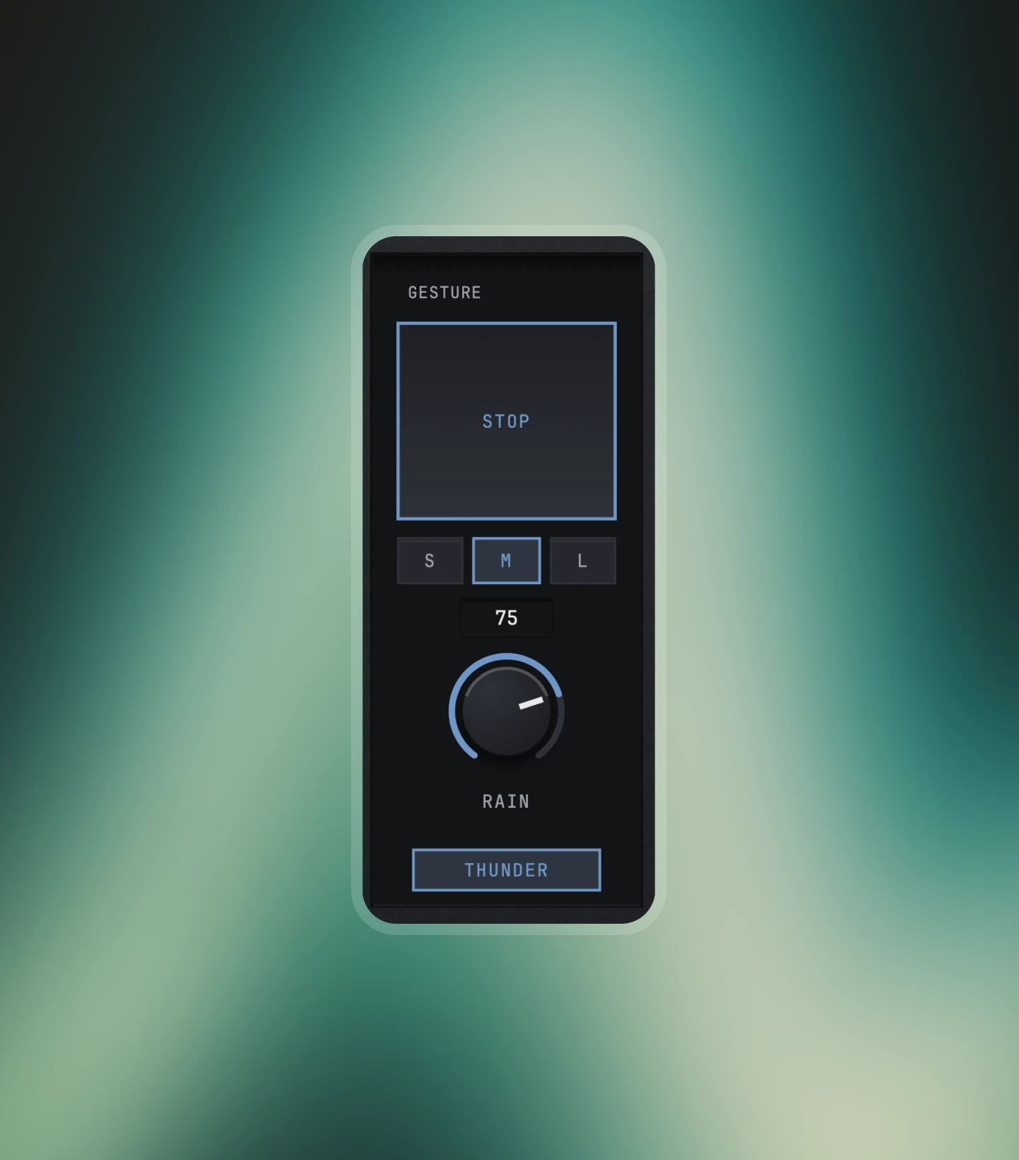Nolvra Relic gesture pocket with the STOP pad, RAIN at 75 and THUNDER on